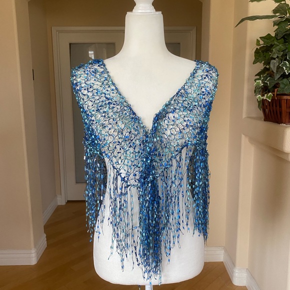 Handmade Accessories - Handmade Crocheted Fringed Blue Women's Wrap
